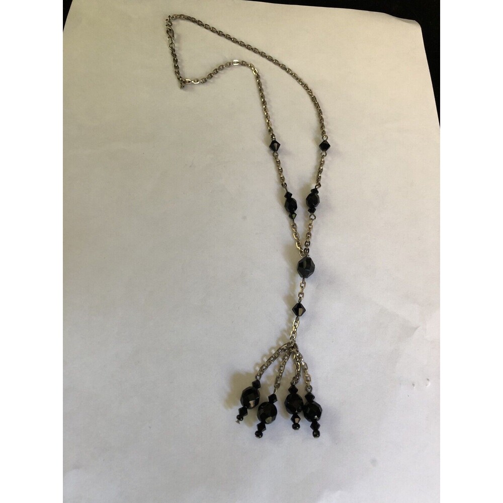 Faceted Black  Statement Necklace Y Necklace Silver Tone Chain Dangle 17”
